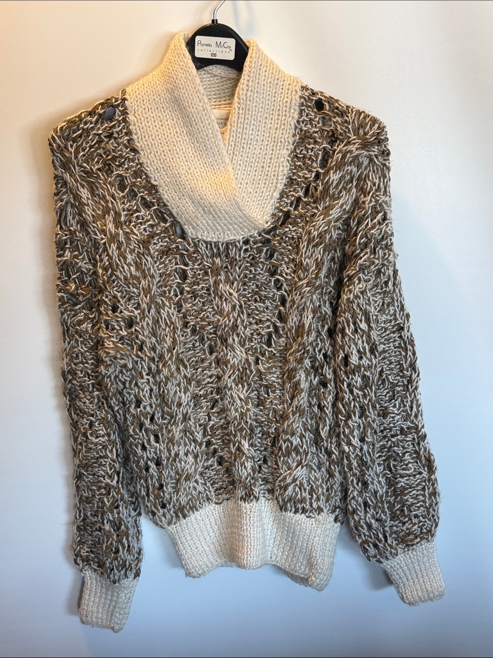 Anna Maria Cozy Cable-Knit Shawl Collar Sweater - Cream & Brown Size: S